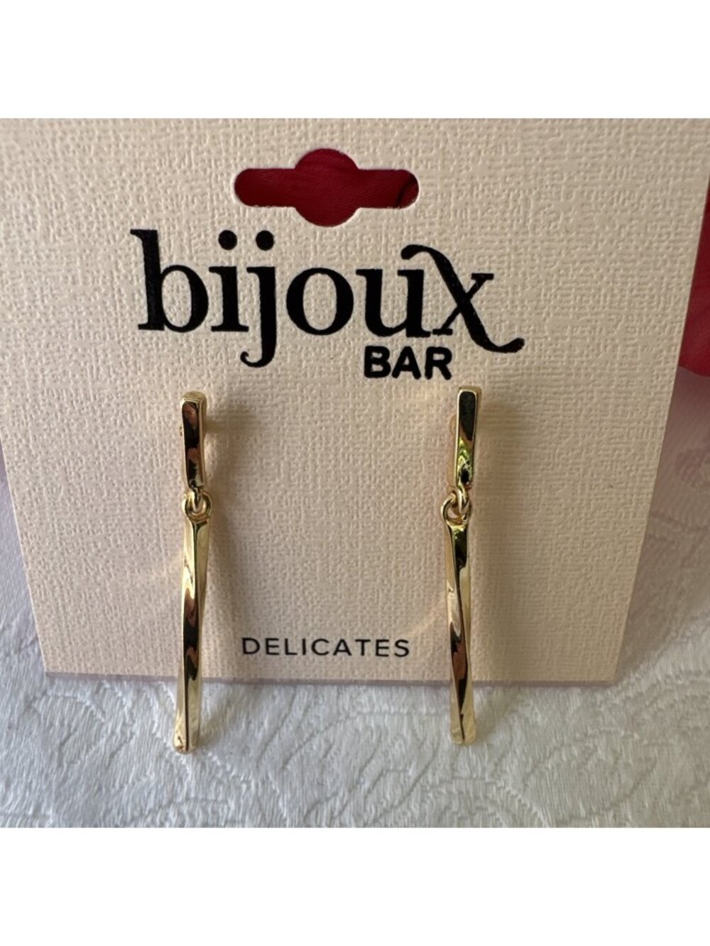 Bijoux Bar Delicates Earrings GoldTone Thin Bar Dangle Shiny Textured 1.5" NEW